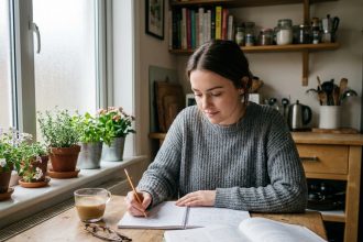 Jeune femme préparant le concours de professeur des écoles à sa table de cuisine avec des fiches de révision et un café
