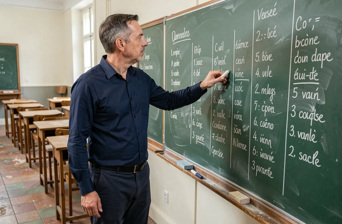 Professeur expliquant les conjugaisons des verbes du 3ème groupe au tableau noir dans une salle de classe française