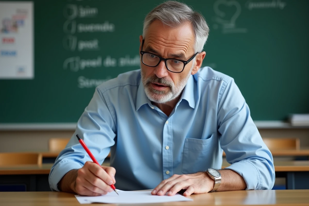 Professeur de français corrigeant une copie d'élève avec un stylo rouge dans une salle de classe réaliste