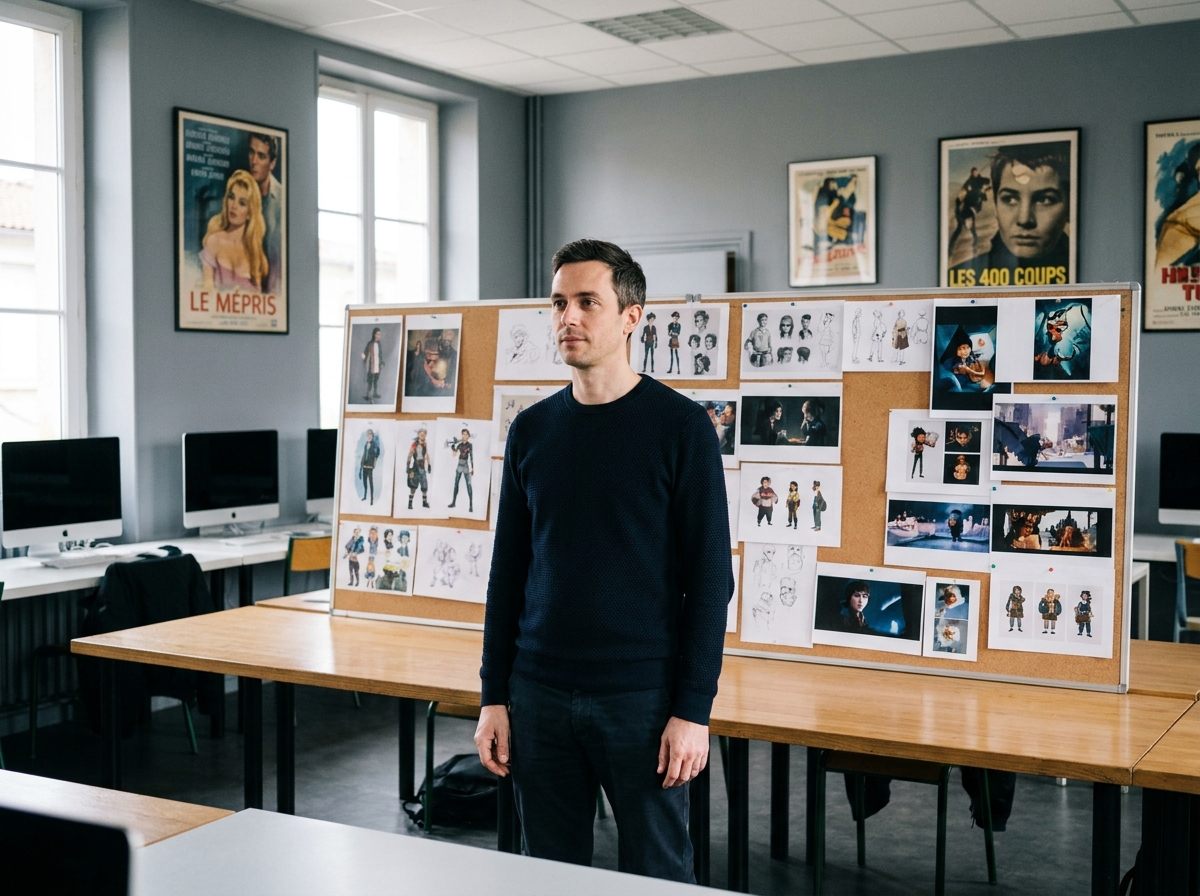 Professeur d'illustration présentant des planches de concept art aux étudiants dans une école d'art parisienne