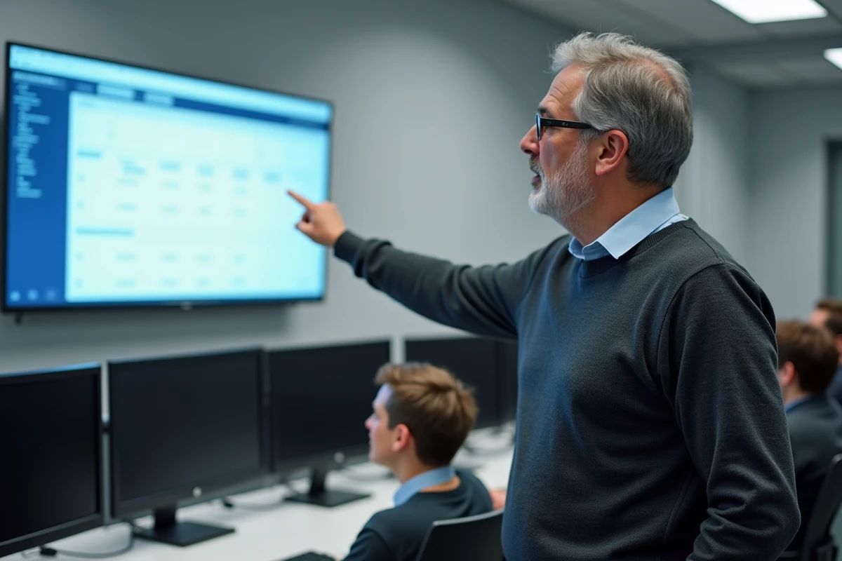 Professeur présentant la plateforme ENT UPHF sur écran interactif dans une salle informatique universitaire