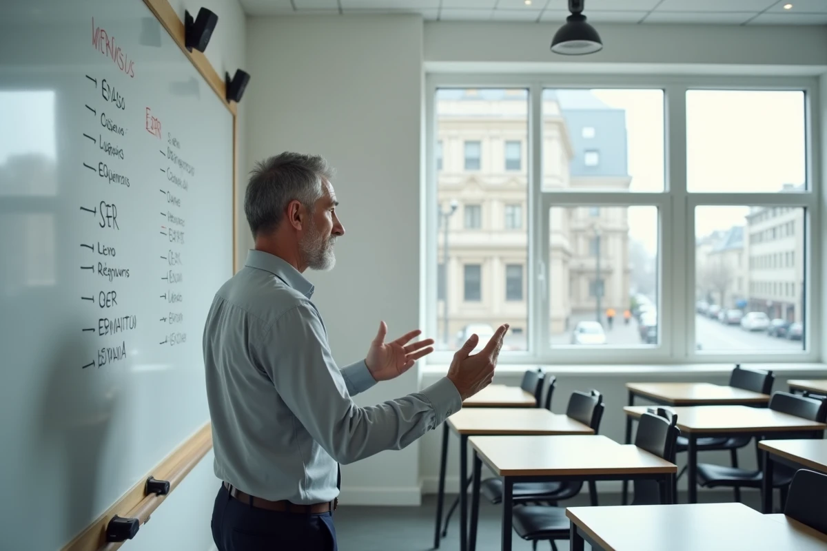 Professeur expliquant les erreurs fréquentes de conjugaison du verbe SER en espagnol devant un tableau blanc en salle de classe