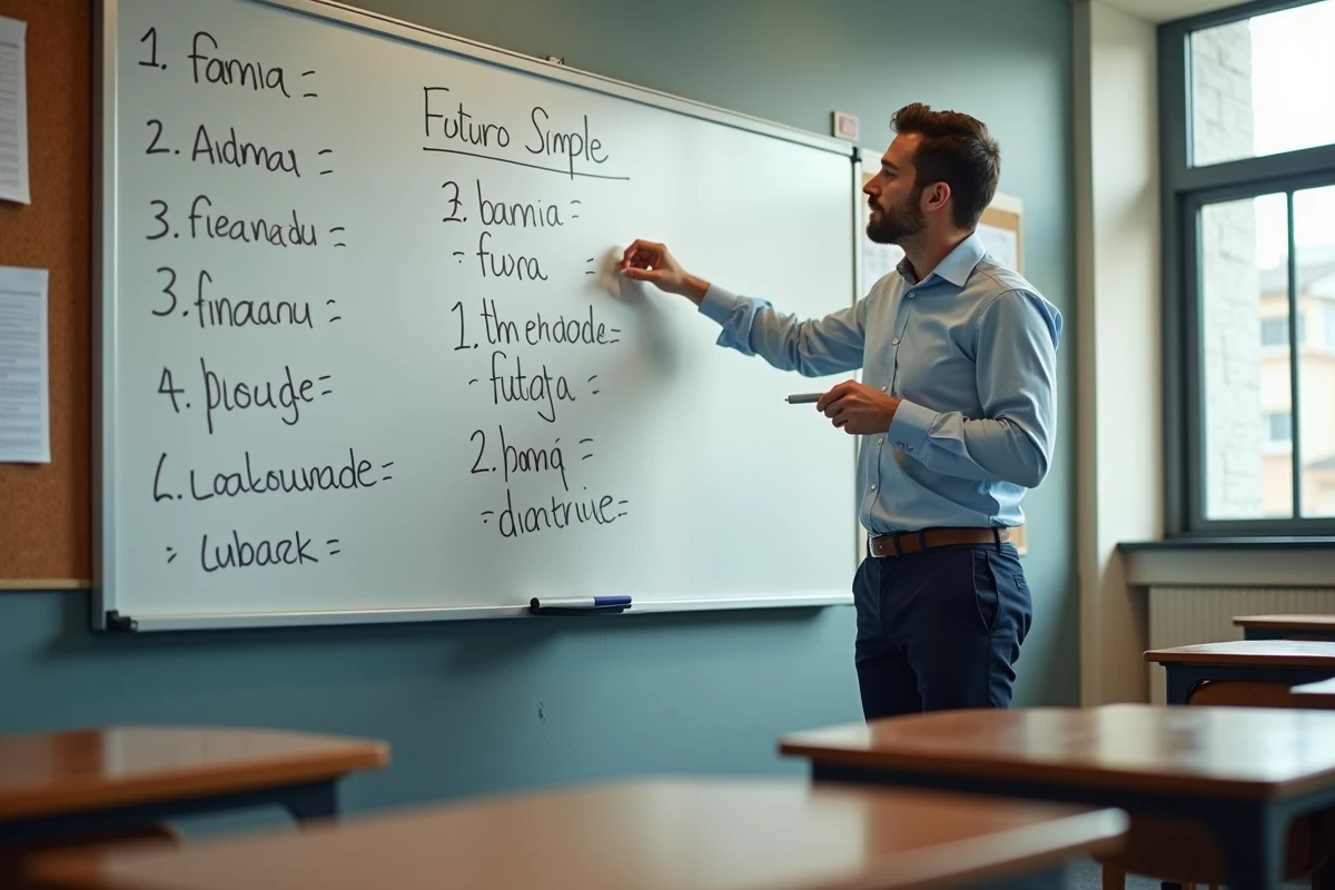 Professeur d'espagnol expliquant au tableau la différence entre le futur simple et ir a plus l'infinitif devant une salle de classe