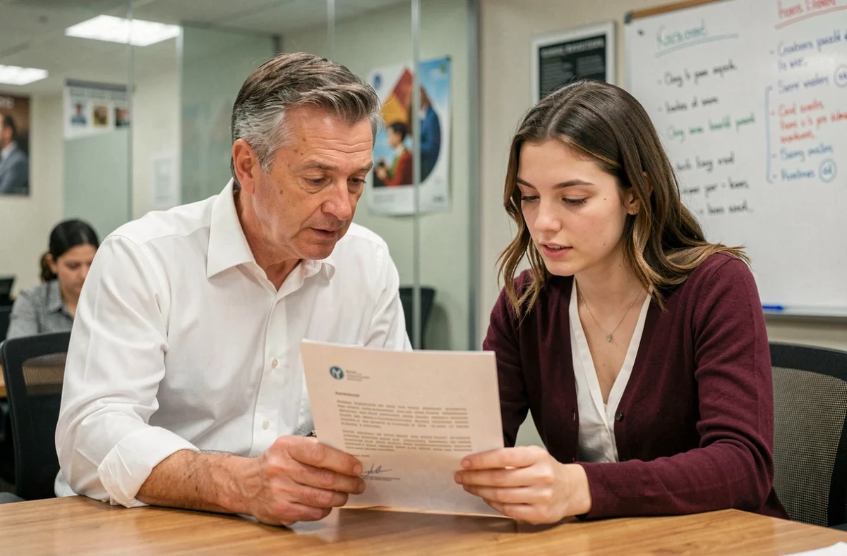 Professeur et étudiante discutant d'une lettre de recommandation pour une candidature en master