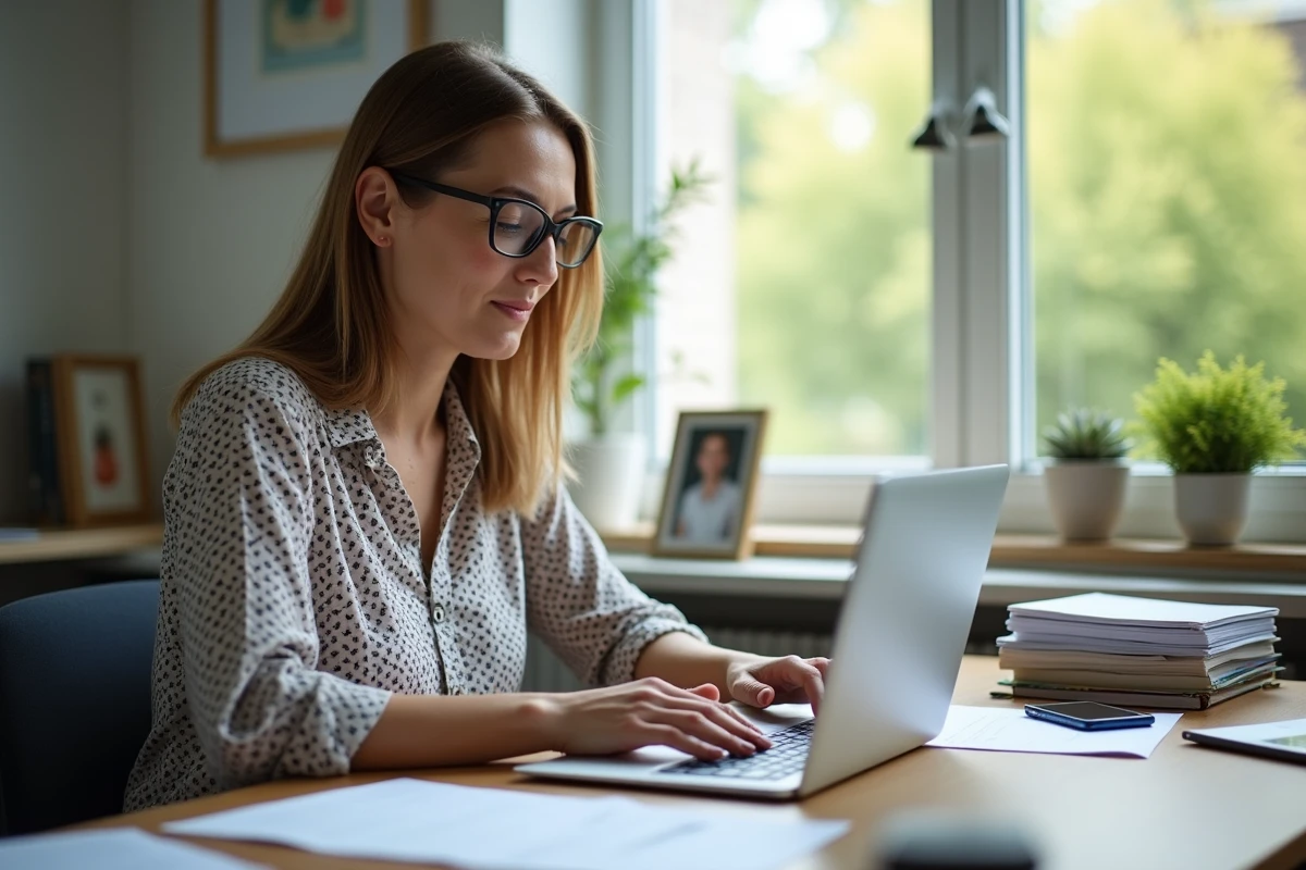 Professeure assise à son bureau dans un bureau scolaire lumineux
