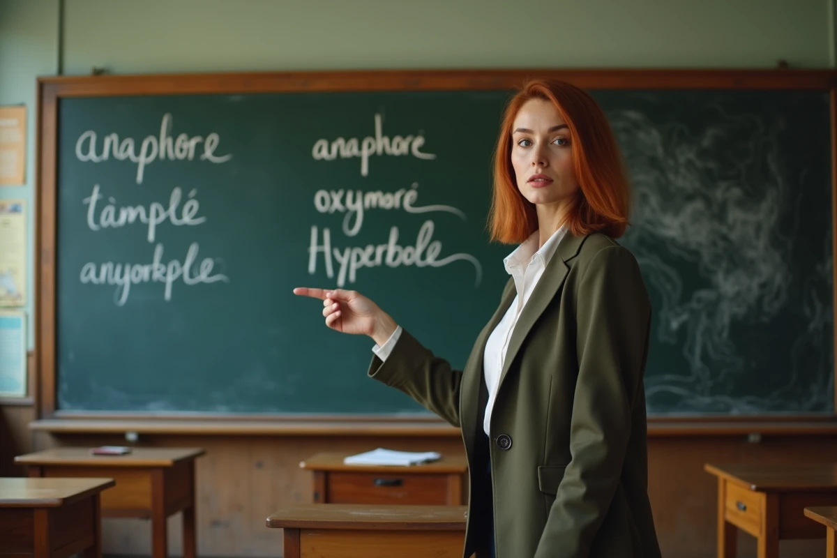 Professeure de français expliquant les figures de style au lycée pour préparer l'introduction du bac