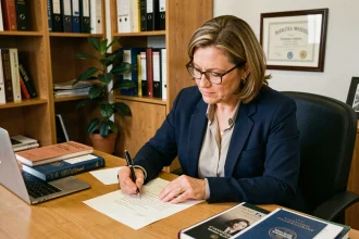Professeure rédigeant une lettre de recommandation pour un master sélectif à son bureau universitaire