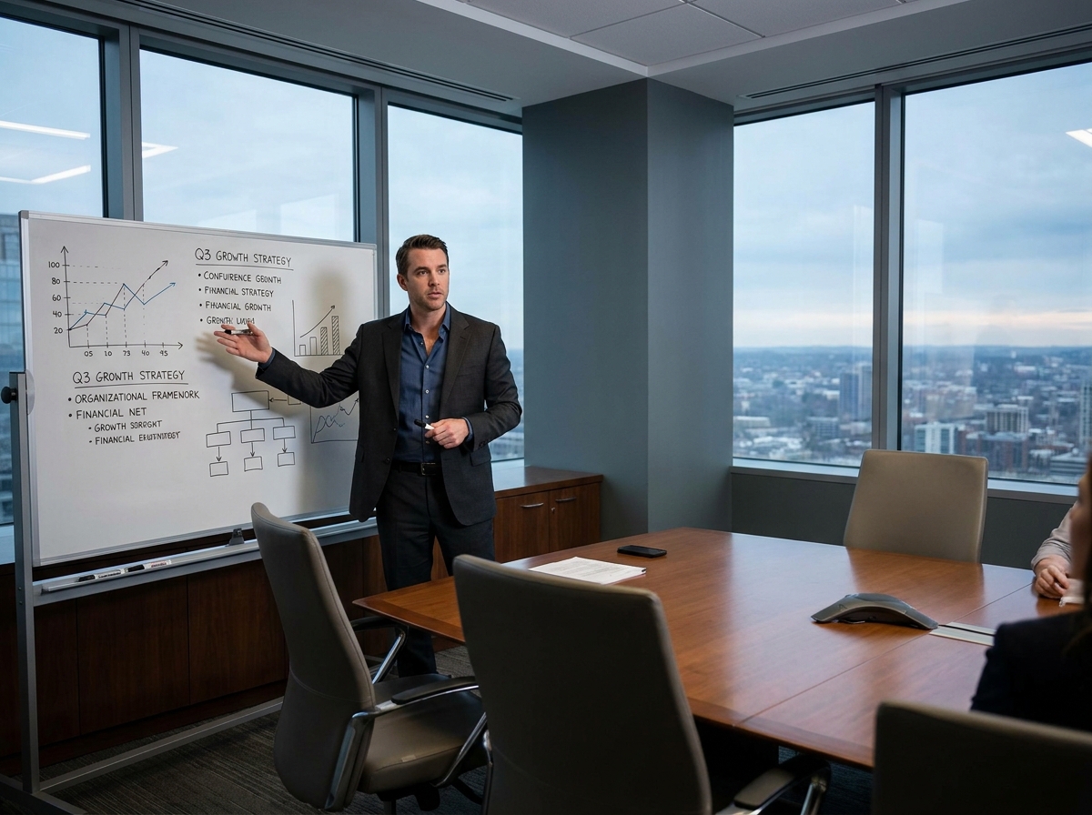 Professionnel en finance présentant une stratégie DBA au tableau dans une salle de conférence d'entreprise