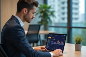 Professionnel en costume regardant un tableau CPF sur son ordinateur