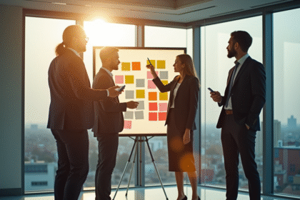 Quatre professionnels en réunion dans un bureau moderne avec tableau blanc