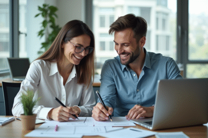 Une femme et un homme professionnels souriants au bureau en train de remplir des formulaires