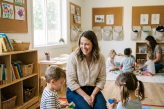 Femme reconvertie professionnelle de la petite enfance interagissant avec des enfants dans une crèche moderne