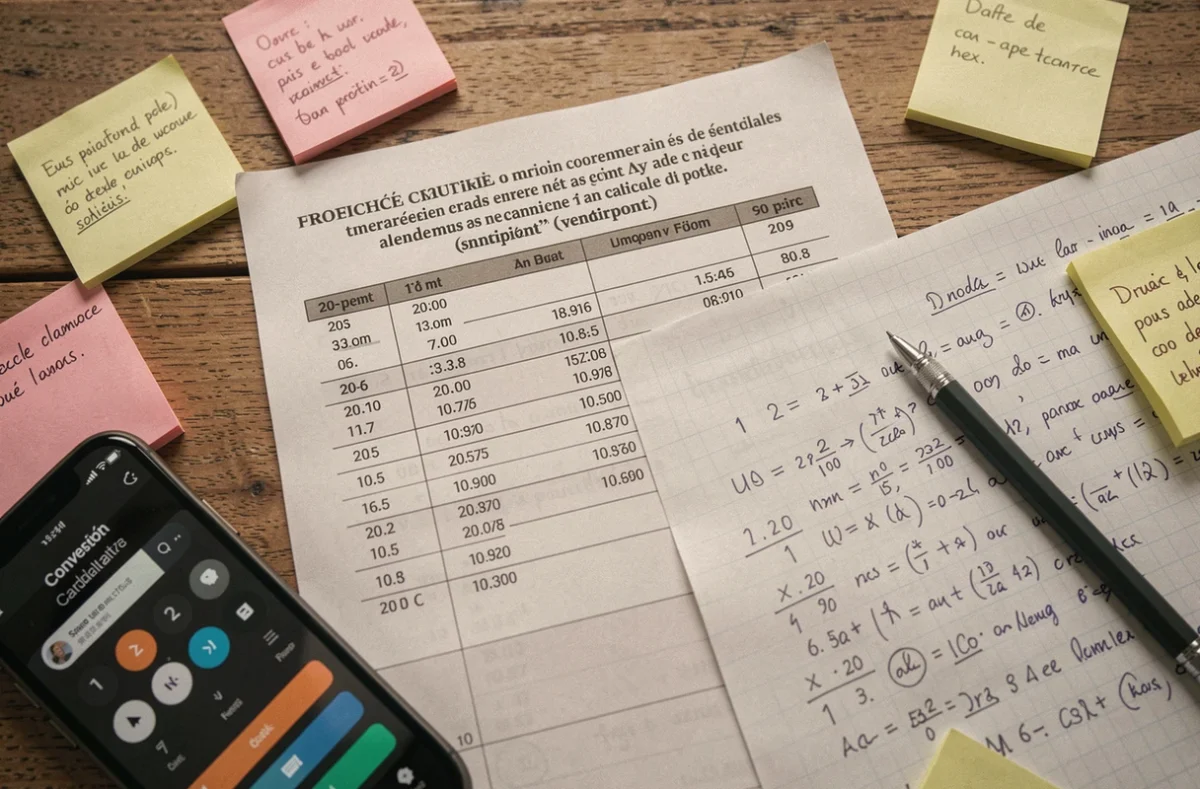 Vue aérienne d'un bureau avec relevé de notes sur 20 et calculatrice de conversion pour examens internationaux