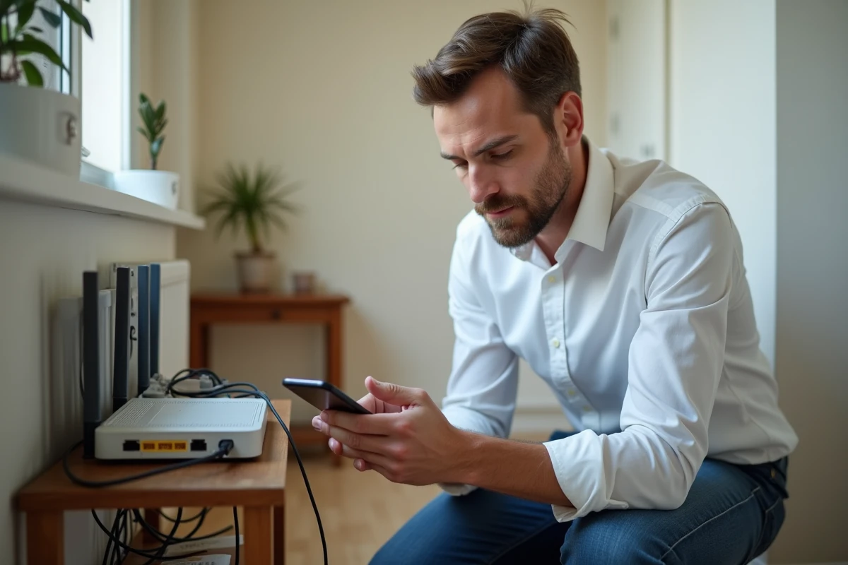 Homme inspectant les câbles de sa box internet pour résoudre un problème de connexion à domicile