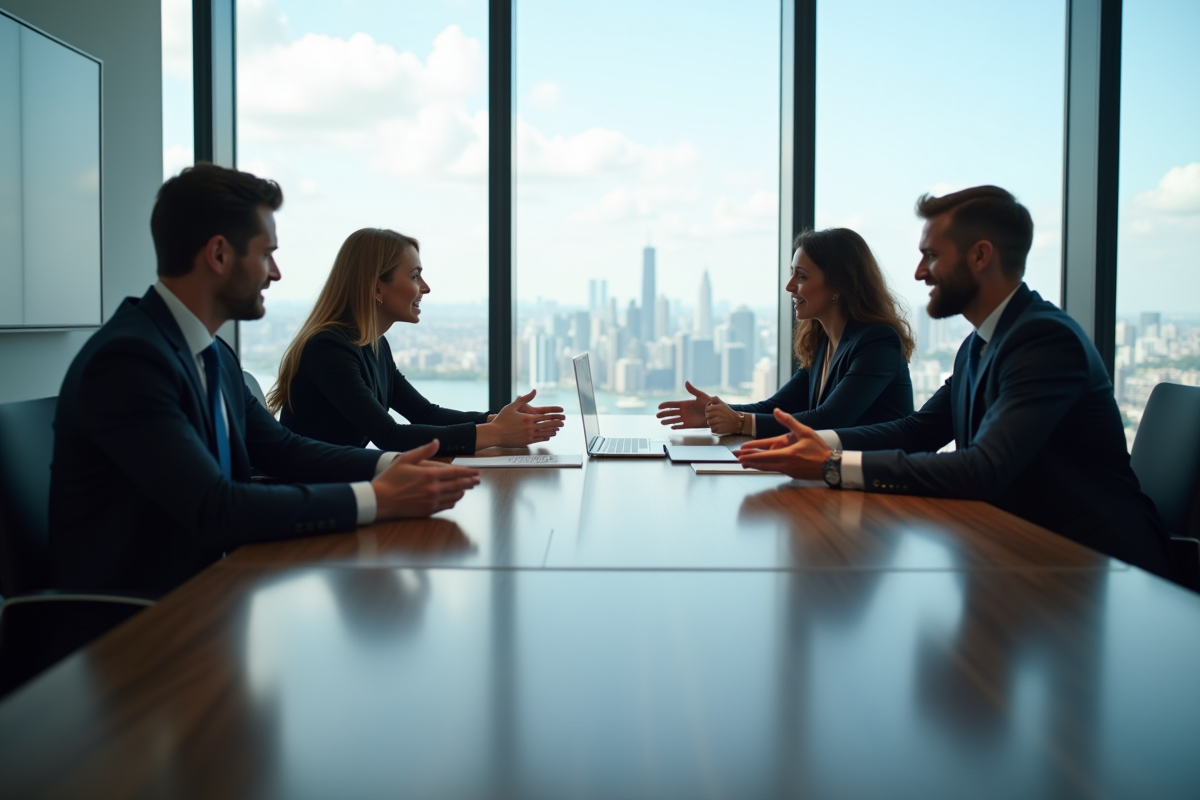 Groupe de professionnels discutant autour d