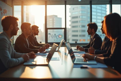 Groupe de professionnels en réunion dans un bureau lumineux