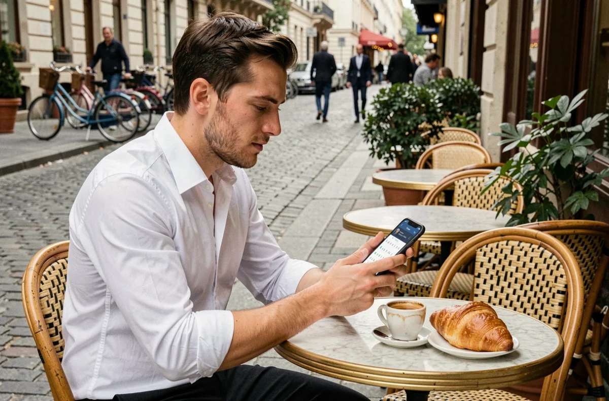 Homme révisant des exercices psychotechniques sur mobile lors d'une pause café en terrasse
