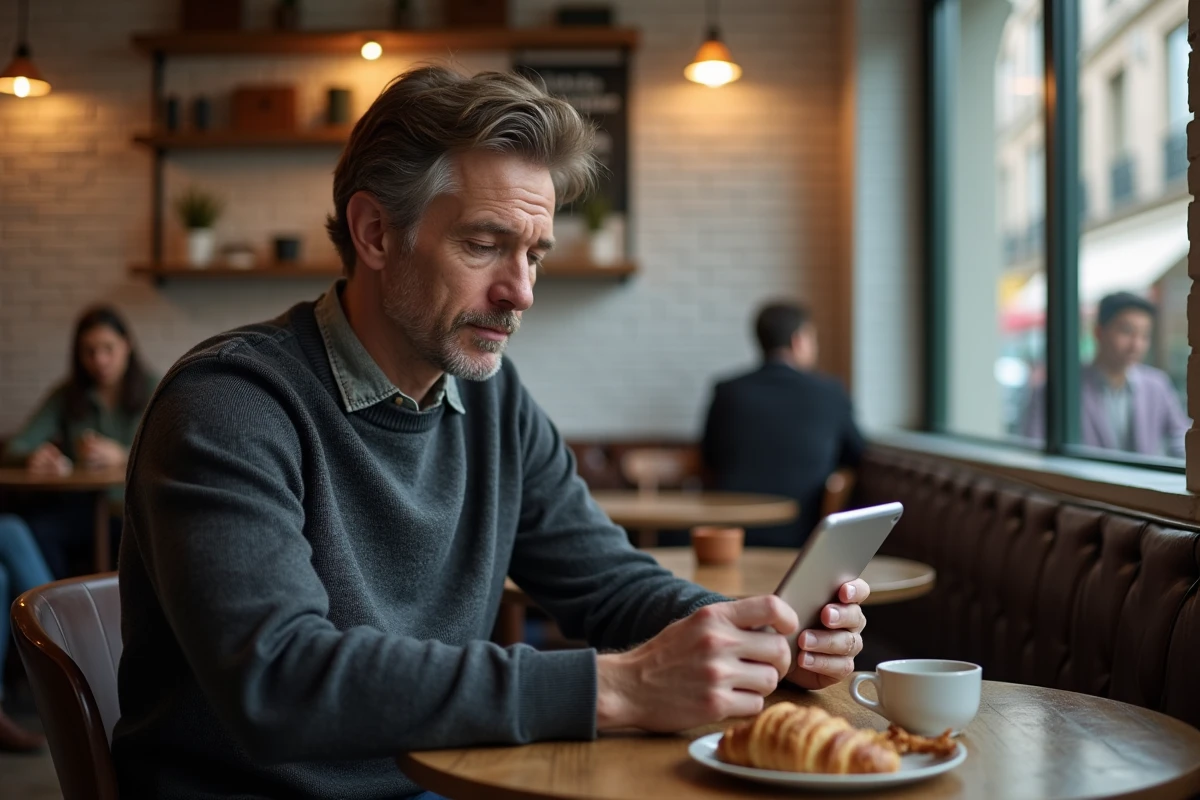 Salarié parisien en formation digitale dans un café, apprenant en dehors des heures de travail