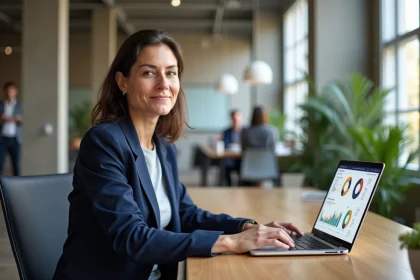Salariée parisienne suivant une formation digitale en ligne depuis son bureau en open space