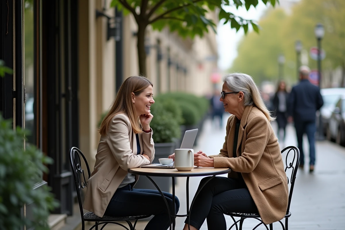 Séance de mentorat en face-à-face dans un café parisien entre une mentorée et son mentor, illustrant l'accompagnement professionnel proposé par Mentor360.fr