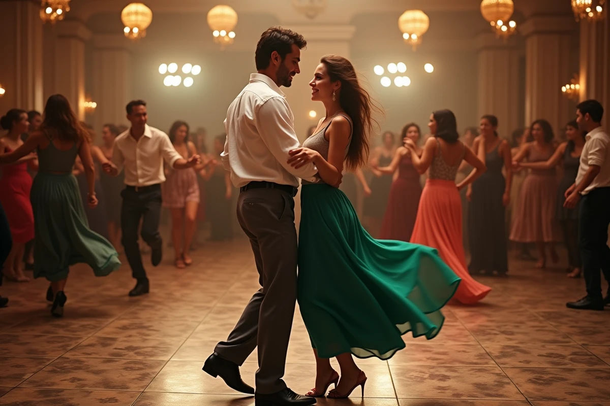 Vue large d'une soirée dansante latine avec plusieurs couples pratiquant le zouk sur une grande piste de danse animée