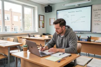 Stagiaire prenant des notes dans une salle de formation professionnelle