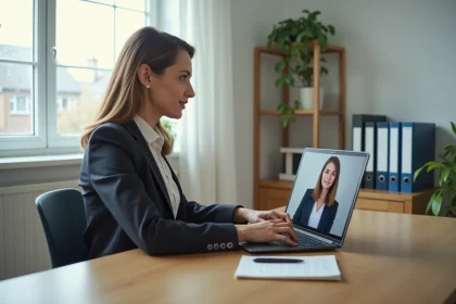 Femme en téléconsultation avec un conseiller Pôle emploi via une plateforme numérique depuis son bureau à domicile