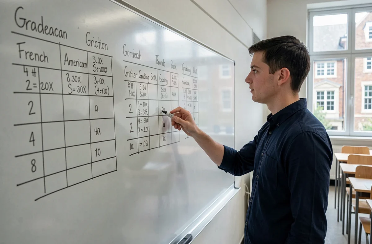 Étudiant présentant un tableau comparatif de conversion de notes entre systèmes scolaires internationaux