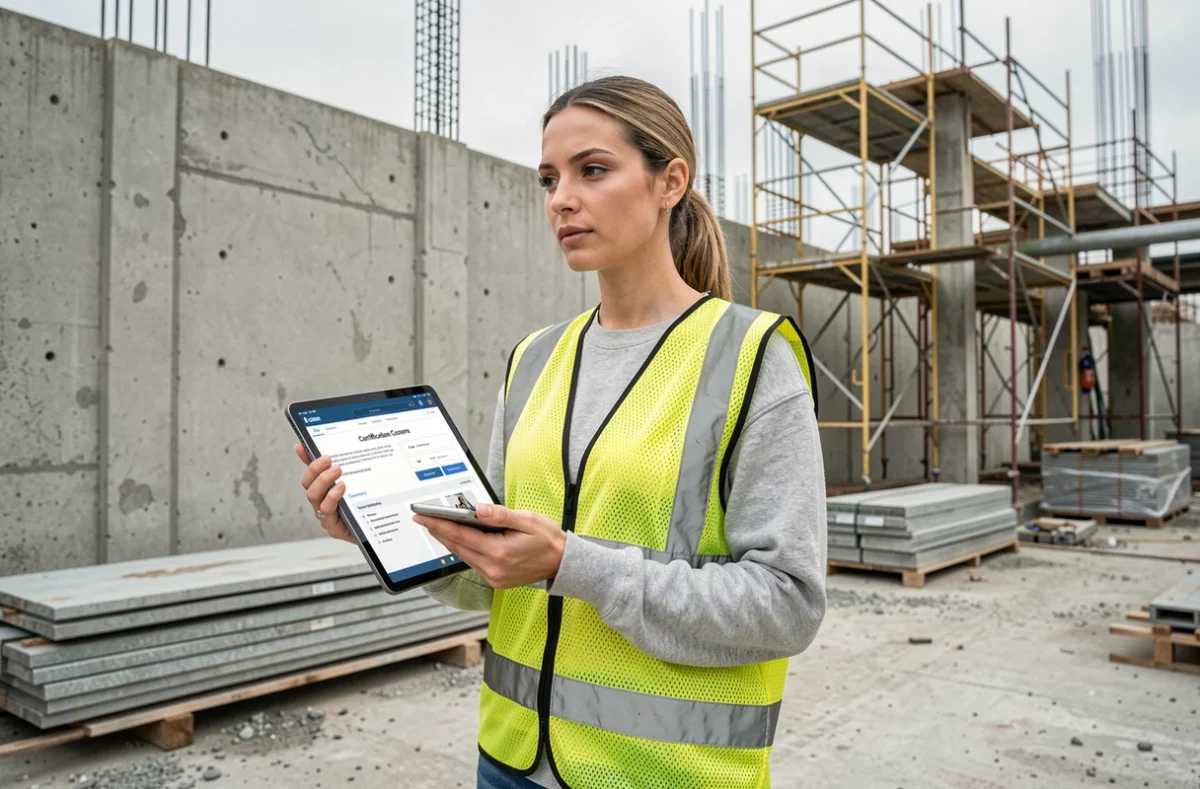 Femme technicienne BTP consultant un module de formation certifiante sur tablette directement sur un chantier de construction