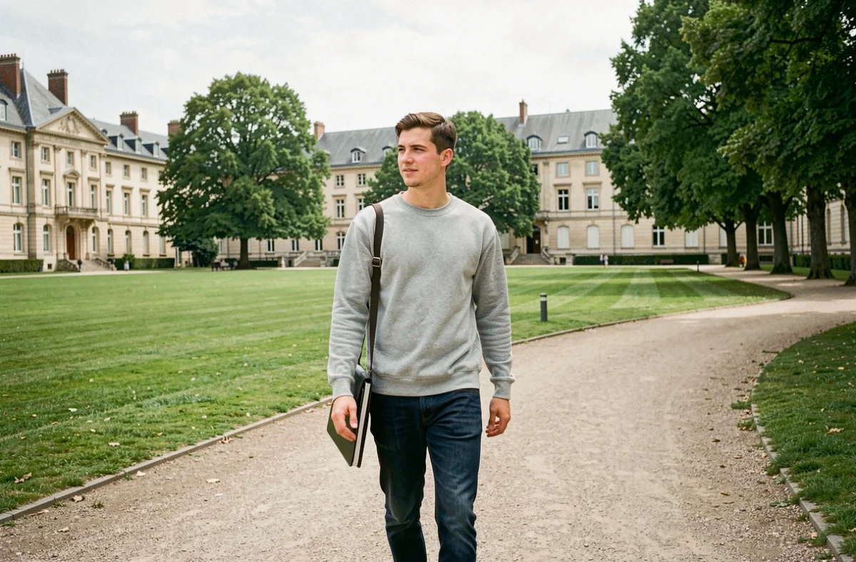 Étudiant traversant le campus de l'Université Paris-Nanterre avec des bâtiments académiques en arrière-plan