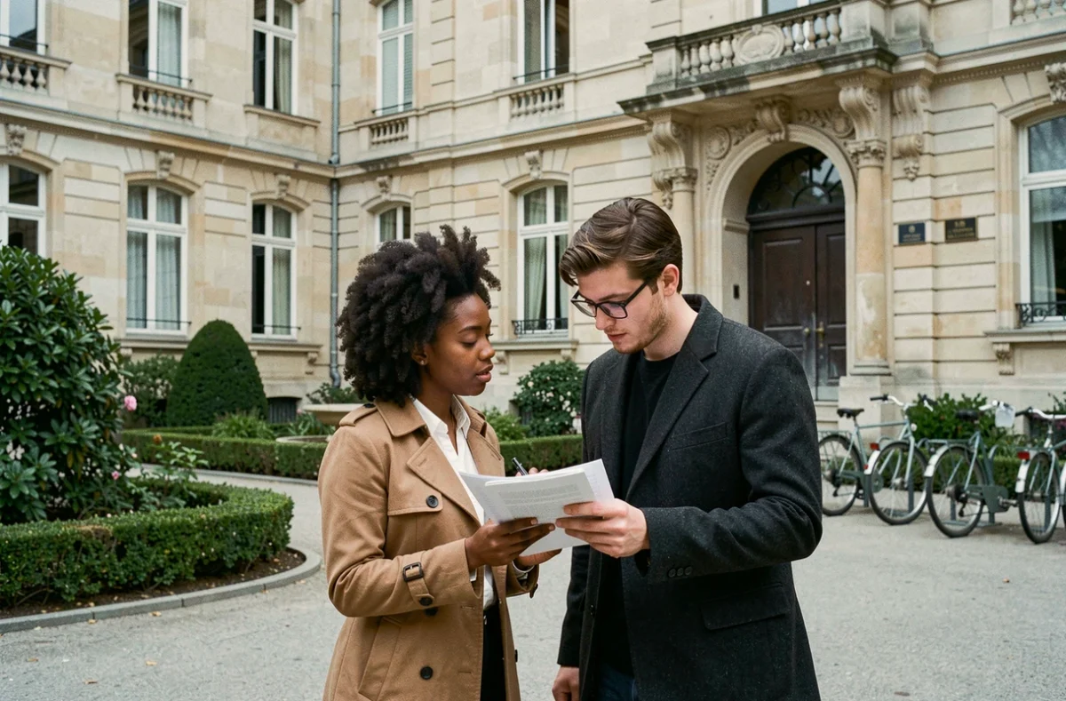 Deux étudiants révisant devant le bâtiment classique de l'Université Paris-Saclay sur le site de Sceaux